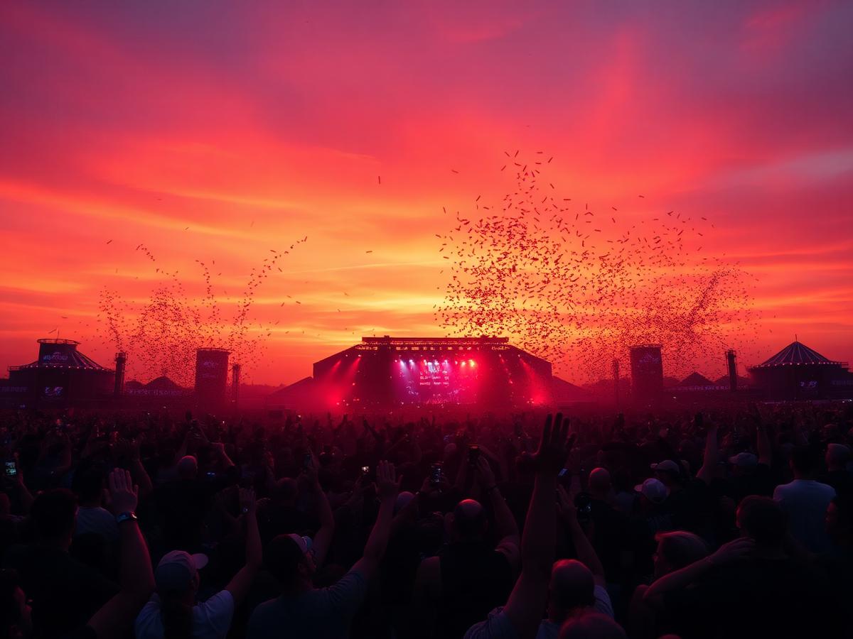 Festival crowd at sunset
